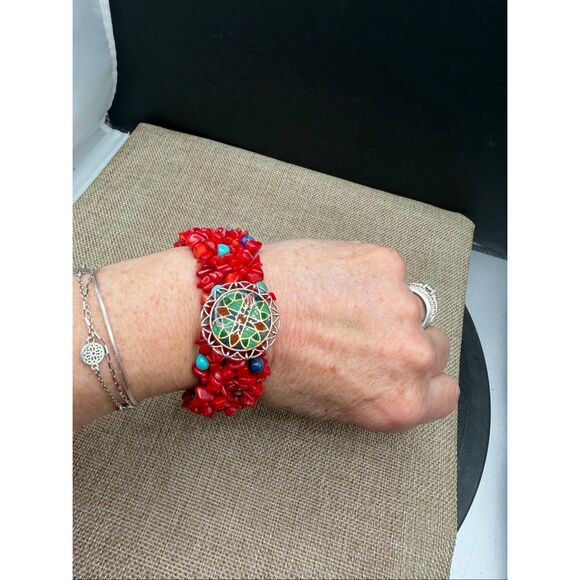Carolyn Pollack Sterling Silver .925 Red Coral & Turquoise Mosaic Statement Brac - Picture 1 of 8